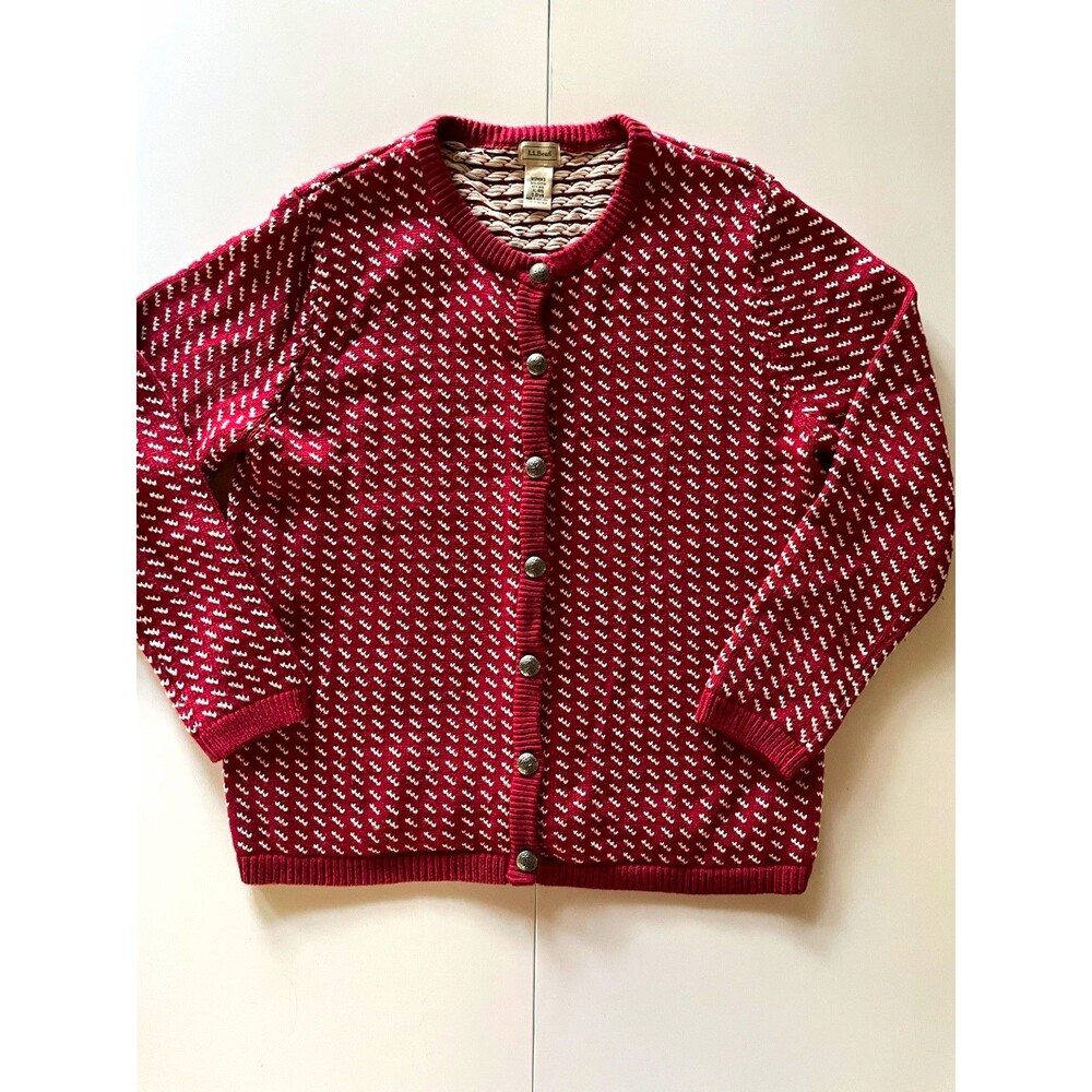 L.L.Bean Women’s XL Red & White Wool Blend Button-Front Cardigan Birdseye Knit